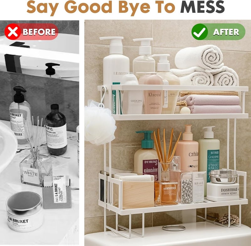 Power King Over The Toilet Storage Shelf, 2-Tier Bathroom Organizer Rack with 2 Hooks, No-Drill, Rust-Resistant Steel, Toilet Paper Holder for Restroom Bathroom, White - Image 3